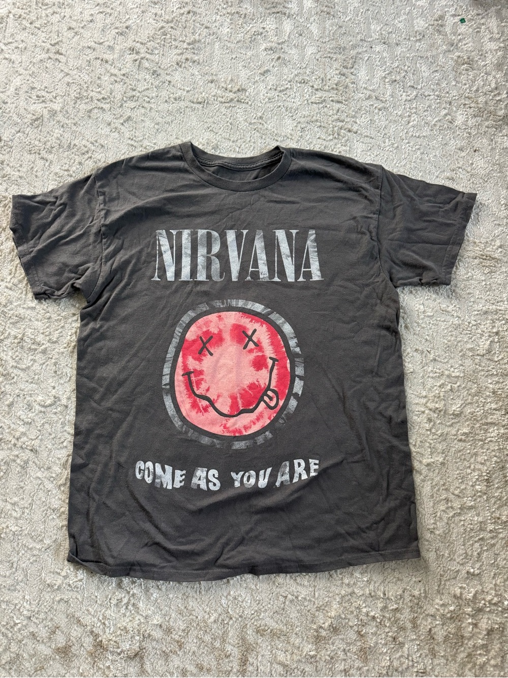 NIRVANA Black Tee with Red Smiley and White Text